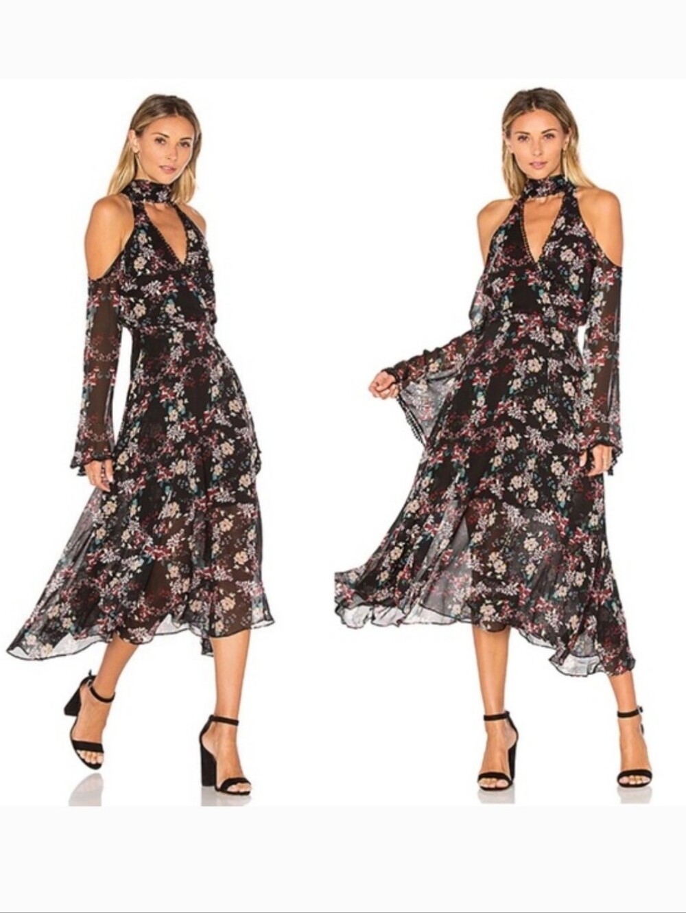 NICHOLAS Floral Cold-Shoulder Midi Dress